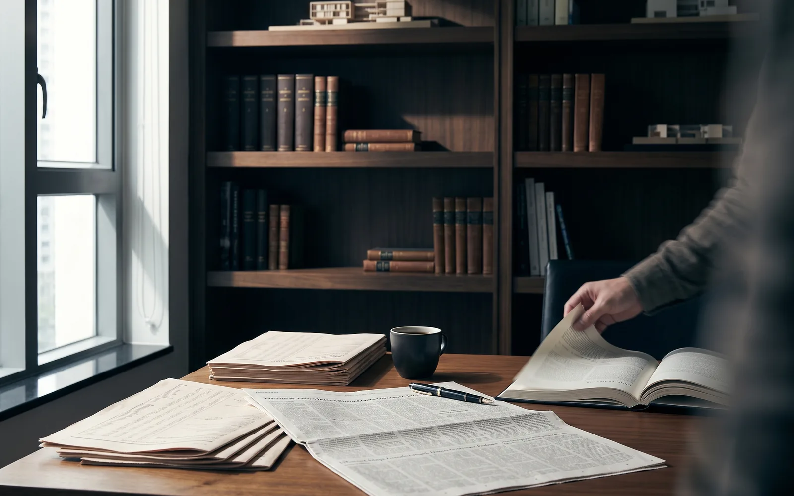 An editorial reading desk in a quiet Hong Kong study, printed reports in considered light