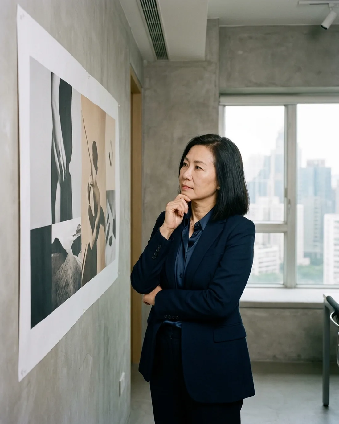 A senior CMO reviewing the work in a calm Hong Kong boardroom