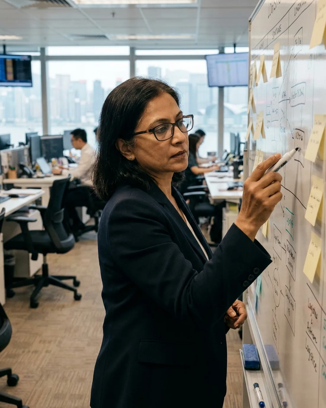 A senior COO reviewing the work in a calm Hong Kong boardroom