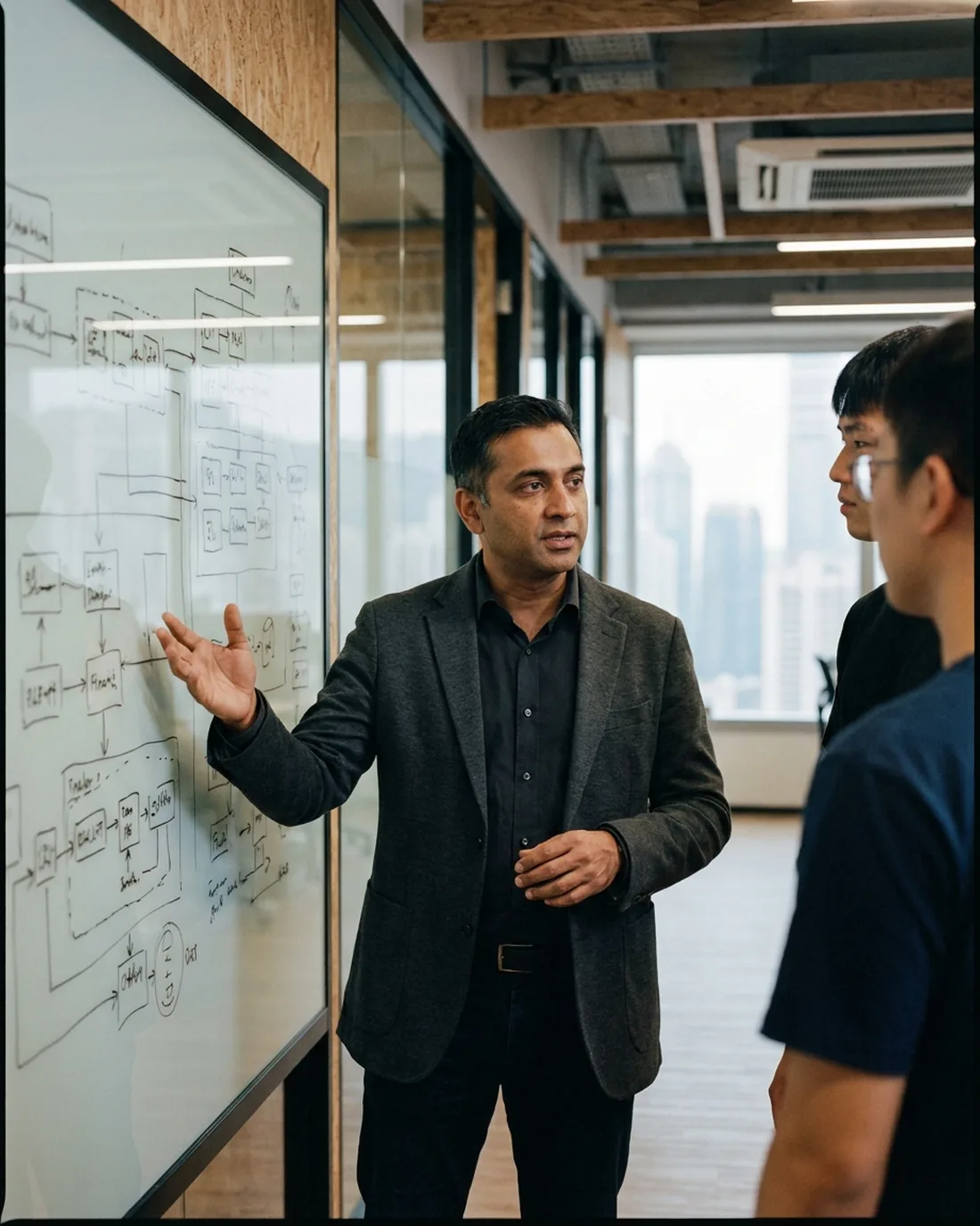 A senior CTO reviewing the work in a calm Hong Kong boardroom