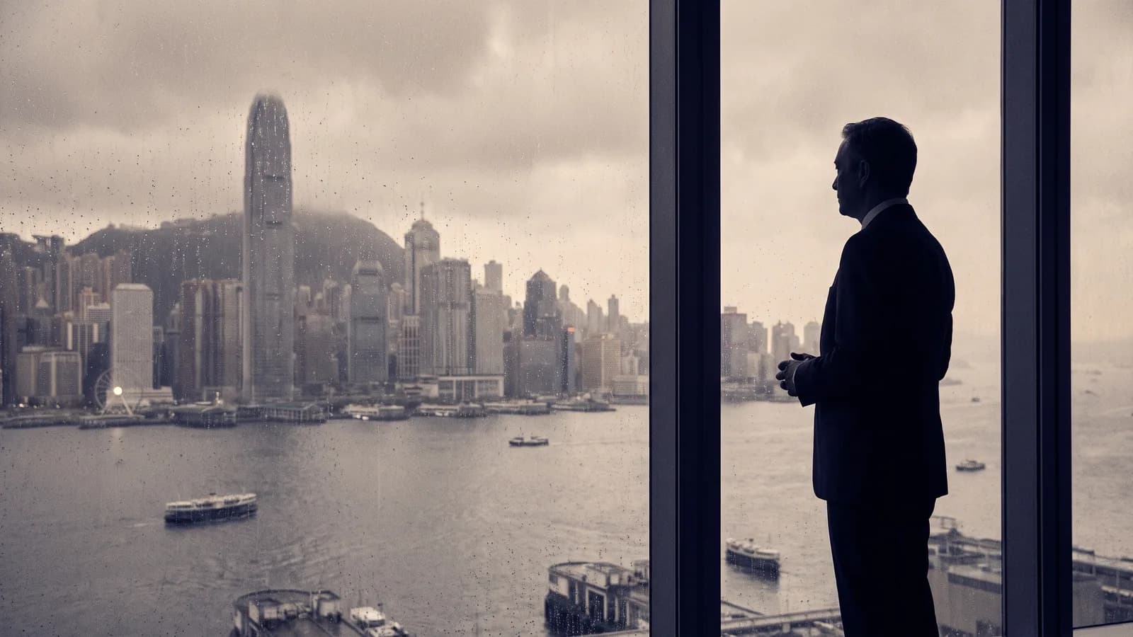 A composed senior executive walking through a bright business-district atrium in Hong Kong