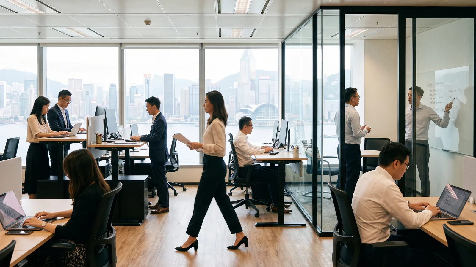 A senior executive with quiet authority in a modern boardroom in Hong Kong