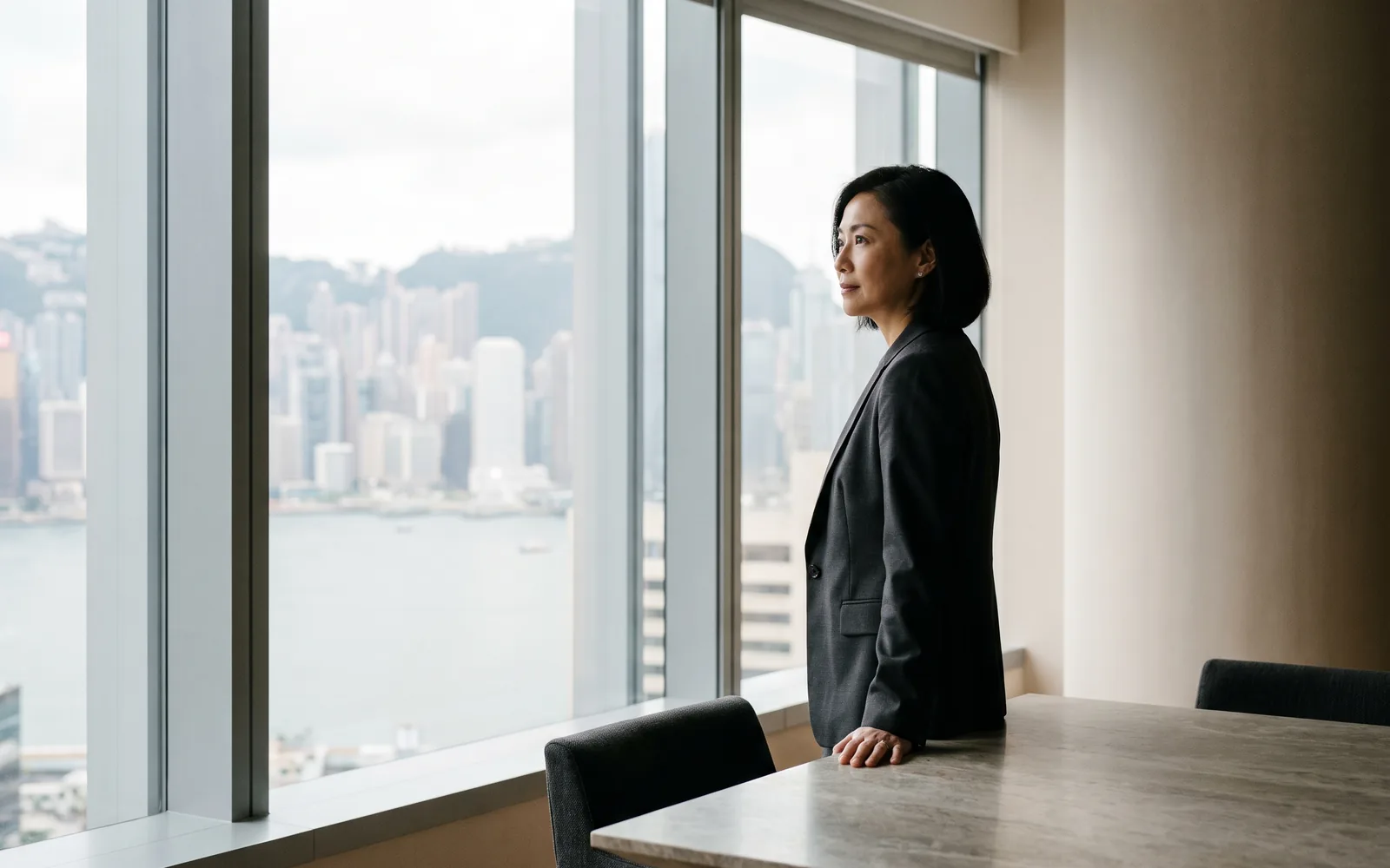 A senior executive in a calm, light-filled Hong Kong office, the business district beyond the glass